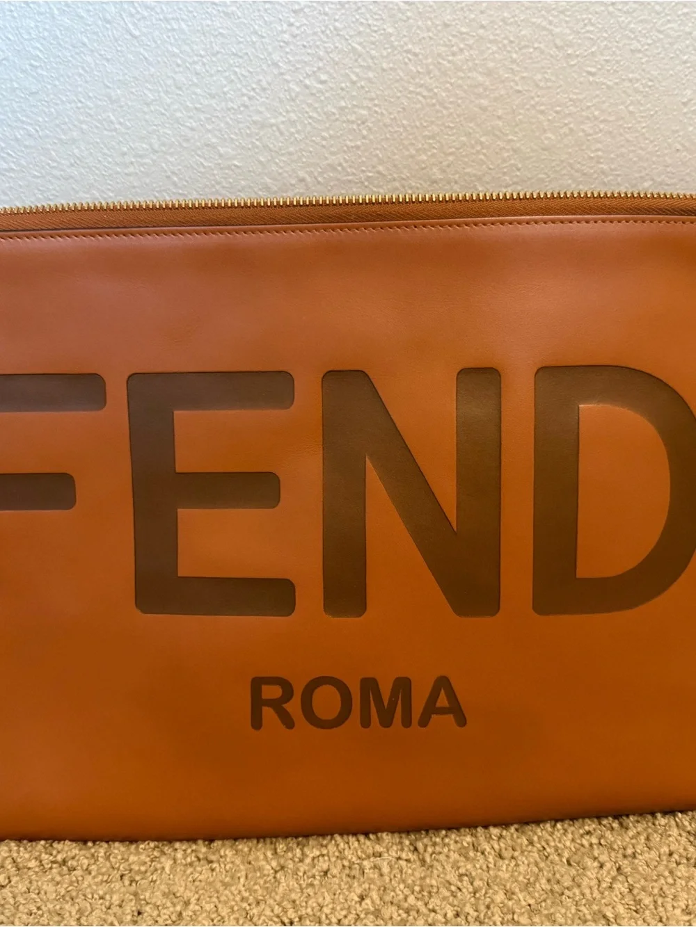 Fendi Leather Zip Pouch in Cognac Brown with Dark Logo
